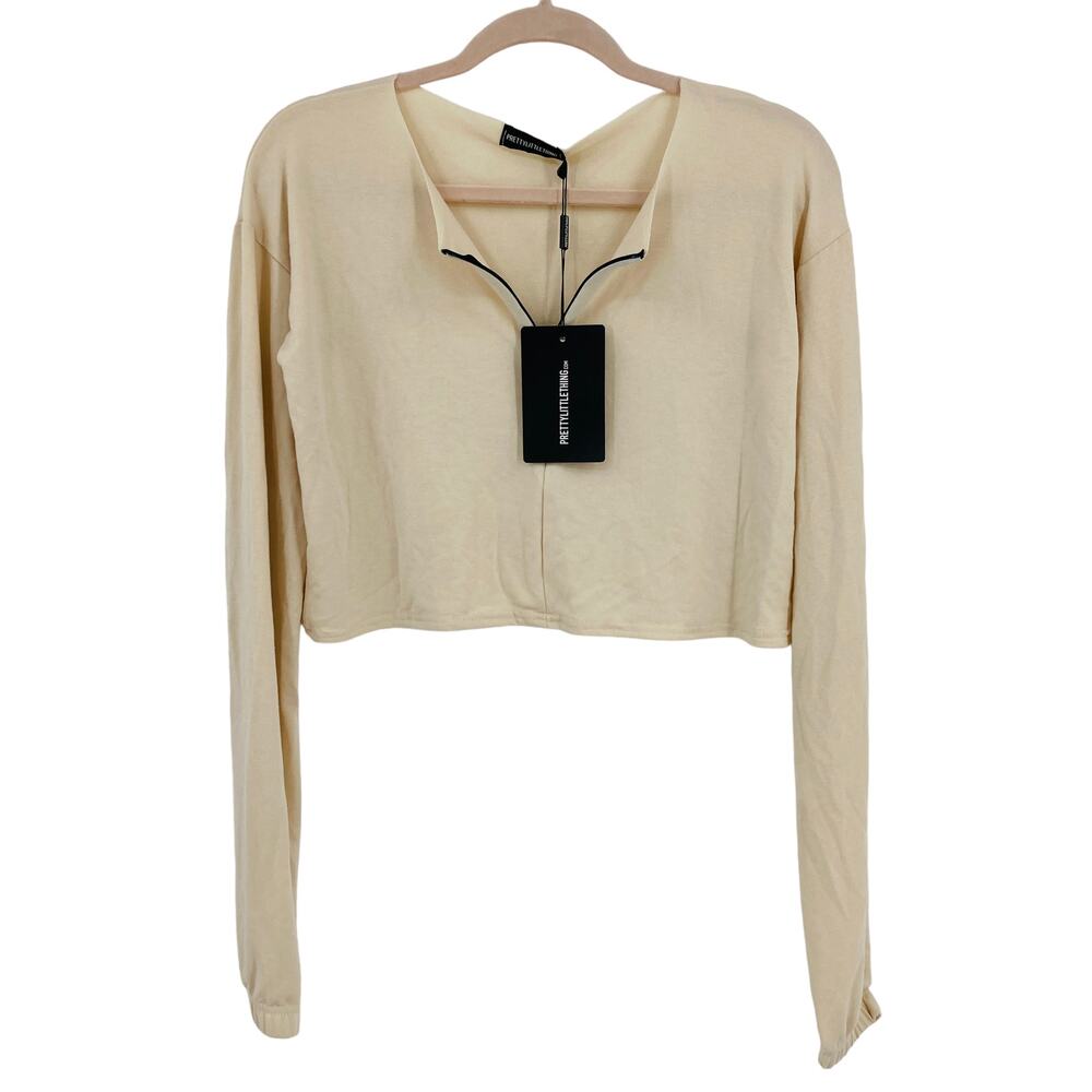 Pretty Little Thing SUPER SOFT! RAW HEM! Zip Front Cream Crop Top Sweater 4